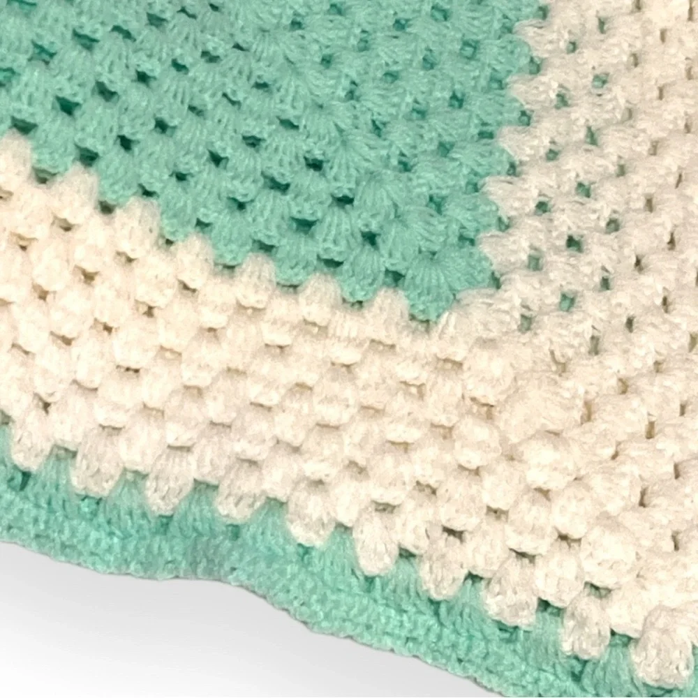 Handmade Crocheted Baby Blanket 40x40 Mint‎ Green White Cream Afghan